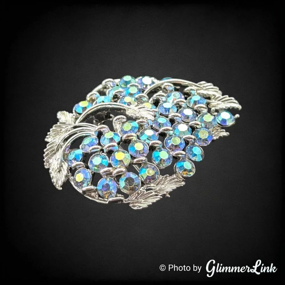 Vintage BSK Blue Aurora Borealis AB Rhinestone Leaves Silver Tone Brooch